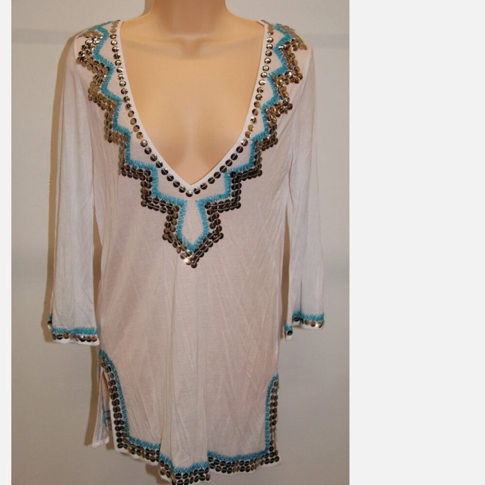 NWT Milly cabana Swimsuit Cover Up Tunic Dress Mirrored Paillettes Teal